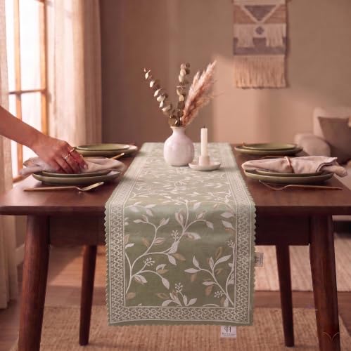 Image of Premium Embroidered Dining Table Runner 6 Seater | Washable Heat Resistant Fabric | Cotton-Silk Blend | Fits 4 & 8 Seater Dining Table | Centre Table Decor | 13 x 72 Inch | Sage Green