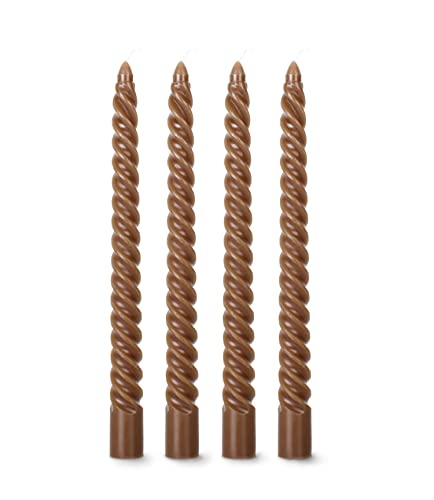 flature Spiralkerzen gedrehte Deko Kerzen - Twisted Candles 4er Pack durchgefärbte Stabkerzen gedreht 2,2cm Durchmesser aus Paraffinwachs, 25cm Hoch, Boho dekorative Kerzen, Braun Spitzkerzen