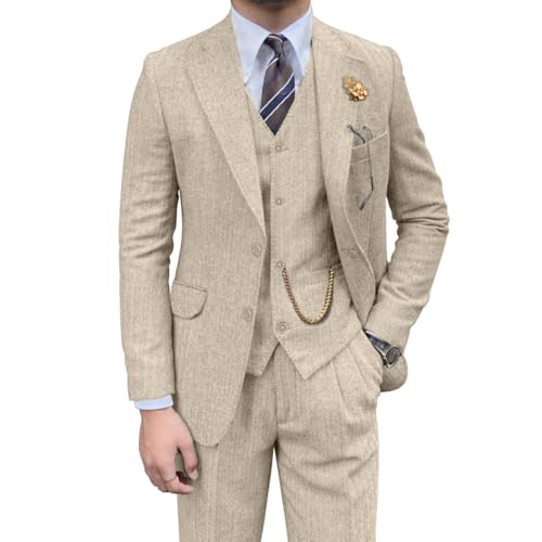 Herringbone Tweed 3 Piece Mens Suit Wool Blend Slim Fit Men Suits Formal Party Dinner Tuxedo Set Business Suits Jacket Blazer Vest Pants Beige M