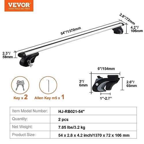 VEVOR Dachträger Universal Dachgepäckträger Auto Alu Querträger 90 kg Tragkraft, für erhöhte Seitenschiene mit Lücke, passend Innenabstand des Dachbalkens 19-118 cm, Rohrdurchmesser 28-68 mm