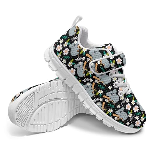 Boys Girls Sneakers Kids Breathable Lightweight Strap Tennis Athletic Running Shoes Koala Floral Pattern（White Sole）4