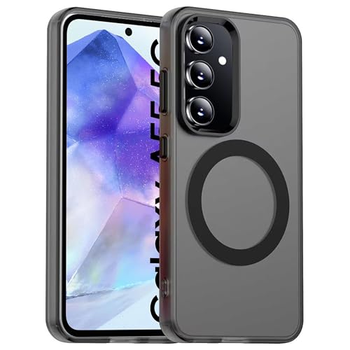 Image of Elzzi Magnetic Case for Samsung Galaxy A55 5G Cover, Compatible with MagSafe Slim Fit Shockproof Translucent Matte Hard Back Cover with Protective Bumper for Men & Women (Black)