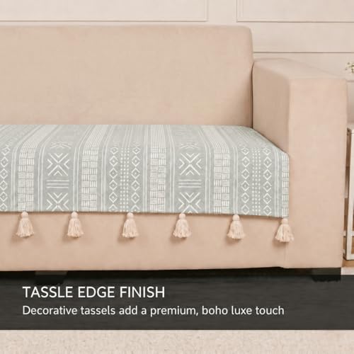 Image of STITCHNEST 'Verdant Bohemian Stories' 3 Seater Sofa Cover| Elegant Jacquard Fabric, Decorative Tassels, Washable & Durable for Modern Living