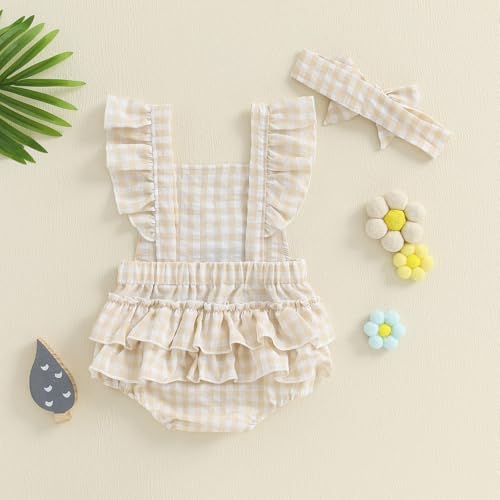 Baby Girl Duck Clothes Newborn Summer Clothes Duck Embroidery Romper Flying Sleeve Plaid Overalls with Headband2