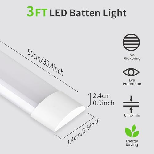 HUMIGA 2 Pack 3FT LED Batten Light, 30W Slim Profile Wide Tube Lighting for Ceiling of Indoor Home Garage Shop Office - Image 2