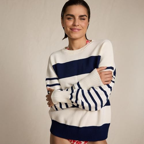 Lands' End Women's Drifter Jersey Crewneck Sweater Large Navy/Fresh Ivory Wide Stripe4