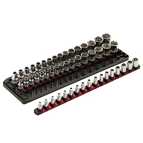 Ares 60143 - Socket Vault™ 3-Piece 17-Inch Red Socket Rail Set With Organizer Tray – Reinforced Plastic Tray Holds 3 Aluminum Rails Locked In Place – 50 1/4-Inch, 3/8-Inch, And 1/2-Inch Drive Clips #TOP1