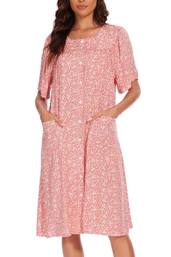 Image of COSUNIONY House Dresses for Women Cotton Short Sleeve House Coat Buttons Down Dusters Robe with Pockets S-XXL