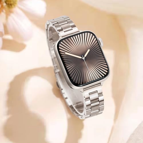 Image of Melyis Slim Metal Band Compatible with Apple Watch Bands for Women 46mm 45mm 44mm 42mm 49mm, Premium Stainless Steel iWatch Bands for Apple Watch Band Series 11 10 9 SE Series 8 7 6 5 4 3 Ultra-Starlight