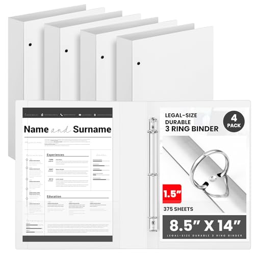 Henoyso 4 Pcs Legal Size Binder 3 Ring 1.5 Durable White Binders for 8.5 x 14 Paper Hold up to 175 Sheets for Documents Artwork Office Home Work Places