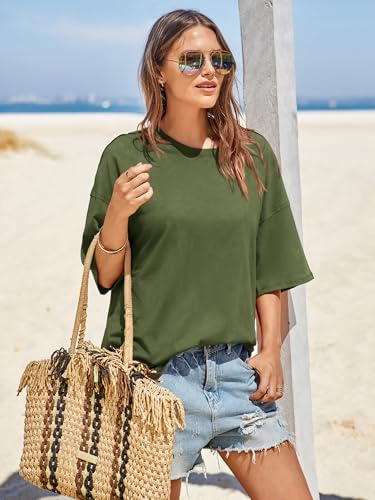 Image of Tankaneo Womens Oversized Tshirts Summer Casual Short Sleeve Crew Neck T Shirt Loose Fit Side Slit Tee Tops