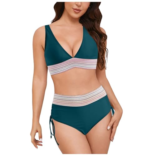 Traje de baño de dos piezas de cintura alta para mujer con cordón de sujeción y bloques de colores pin up bañador, Dark Verde, S
