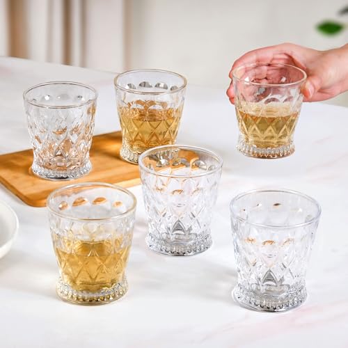 Image of Nestasia Transparent Set of 6 Small Juice Glasses (245 ml Each) - 100% Food Safe & Chip Resistant Embossed Tapering Tumblers - Ideal for Water, Tea, Coffee & Refreshments - Perfect for Gifting
