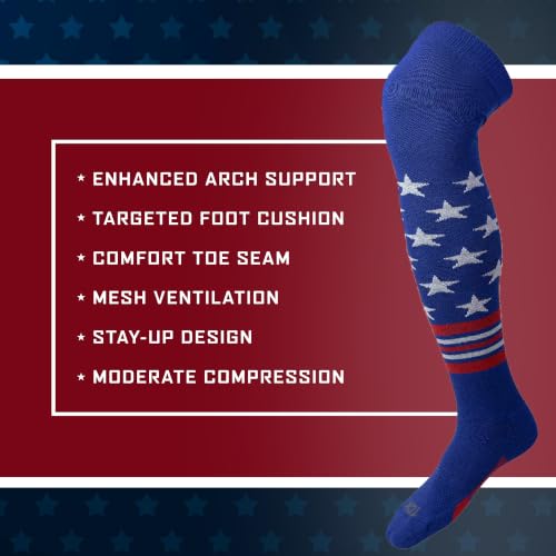 Image of TCK USA Made Over Knee Baseball Socks & Softball Socks Youth Boys, Girls, Adult - American Flag Patriotic Stars & Stripes