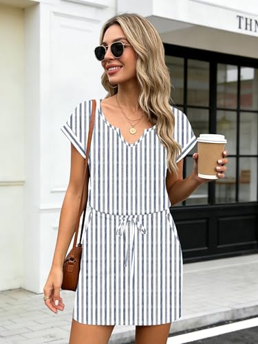 Image of SAUKOLE Women Summer T Shirt Dress Casual Short Sleeve V Neck Dress with Pockets Drawstring Waist Short Dresses