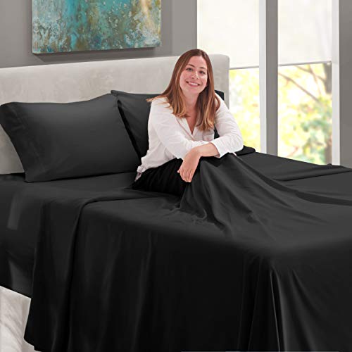 Image of Nestl California King Bed Sheet Set - Black - 4-Piece Extra Deep Pocket | Instantly Soft, Night-One Ready (No Wash Required). Fits Extra Deep Pockets up to 24 Inches, 360-Degree Elastic Grip