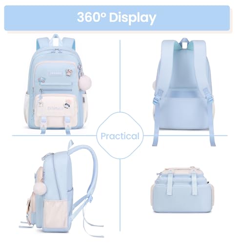 Image of Climberty Cotton Girls School Backpack Kawaii Blue School Book Bag Multi Compartment 15.6 Inches Travel Backpack School Bag For Girls 6-12 Years Old Birthday Gift Christmas Gift, 32X15X45Cm