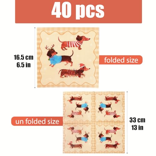 BETESSIN Servietten Weihnachten - 40 Stück Weihnachtsdackel Servietten - Papierservietten mit Dachshund Motiv - Weihnachtsdeko Tisch - Weihnachtsservietten Dackel Deko Weihnachten & Winter