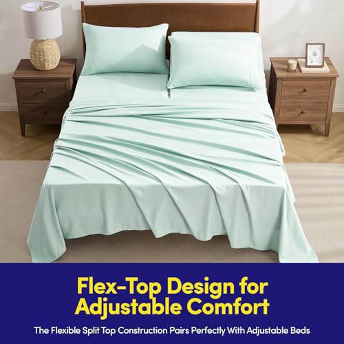 Image of Split Head King Sheets Set for Adjustable Beds 4 Piece Flex Top Bed Sheets - Deep Pocket Split Top Fitted Sheet with Built-in Corner Straps, Luxury Soft Cooling Bedding, Wrinkle Resistant, Mint