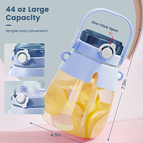 Kawaii Water Bottle With Straw, 44Oz Cute Water Bottles With Two Ways To Dinking, Leakproof Water Jug With Portable Strap For Teen Girls/Boys/Adults School Office Travel Sports Use (Blue) #TOP2
