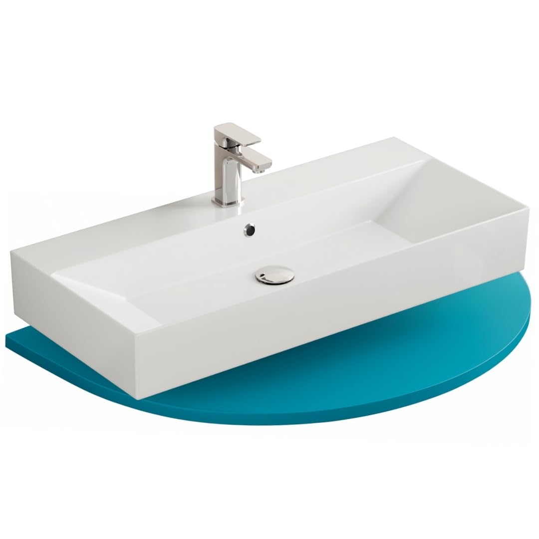 Aqua Bagno lavabo grande 90 cm rectangular cerámica blanco brillo, lavabo suspendido para baño moderno con orificio para grifo y rebosadero, diseño contemporáneo y fácil de limpiar | Lavabo colgante de borde fino con agujero para grifo y rebosadero, color