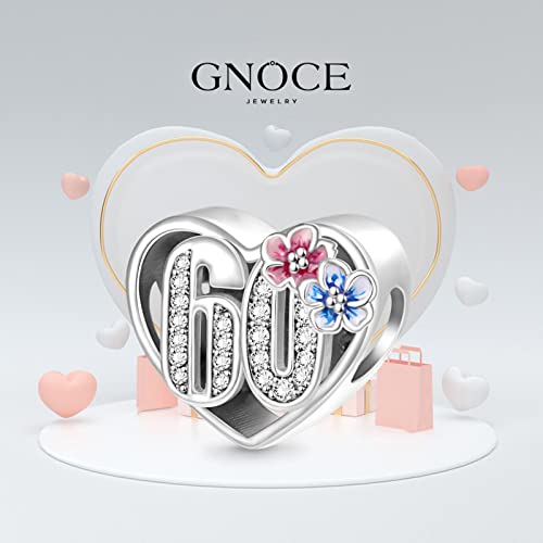 GNOCE Celebration 60th Birthday Heart Charms 925 Sterling Silver Bead Charms Birthday Gift for Women Wife Fit Snake Chain Bracelets (60th Birthday)3