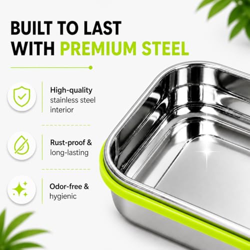 Image of Insulated Stainless Steel Lunch Box Combo Set 800ml with Airtight Leak-Proof Clip Lock Lid, Durable (Green Tiffin with Bottle)