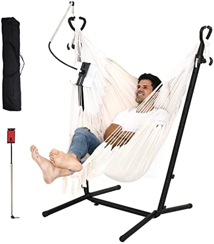 Hammock Chair with Stand and Foot pad Double Hammock Chair Bohemian Style with Tassel Mobile Phone Support manually Adjustable Swing Indoor and Outdoor Garden Porch Capacity 400 pounds