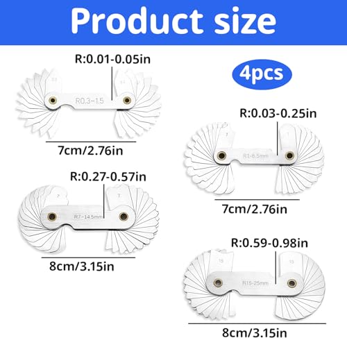 Radienlehre, 4 StüCk Tragbares Konkav Konvex Filetlehre, Edelstahl Radius Gauge Messwerkzeug R0.3-1.5/R1-6.5/R7-14.5/R15-25 FüR Ingenieure & Werkzeughersteller