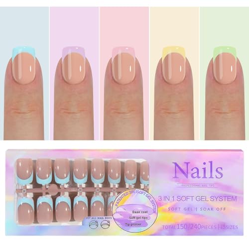 150 Pcs French Tip Press on Nails Short Square Fake Nails 5 Colors French Tip False Nail Tips 3 IN 1 Soft Gel Nail Tips Kit Colorful Tips Glue on Nail Nude Acrylic Stick on Nails for Women Manicure