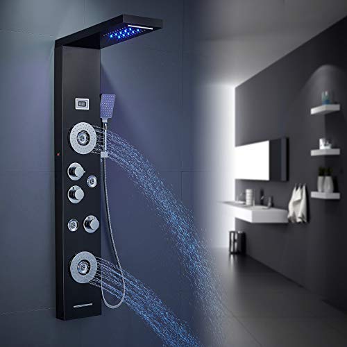 POPFLY Black LED Shower Panel Tower System, Stainless Steel Multi Rainfall Waterfall Shower Massage with Temperature Display, Wall Mount Shower Column with 2 Body Jets+4 Adjustable Body Mist Nozzle - Thumbnail 4