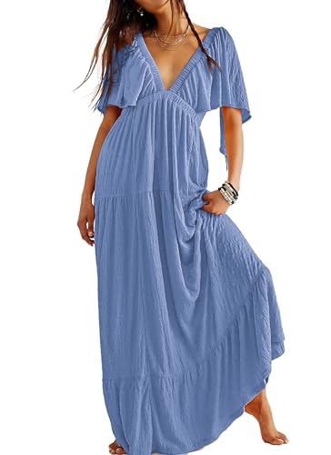 Image of Kikibell Women Summer Dresses Sexy V-Neck Maxi Dress Tiered Silhouette with Flutter Sleeve Backless Elastic Waist Flowy Dress