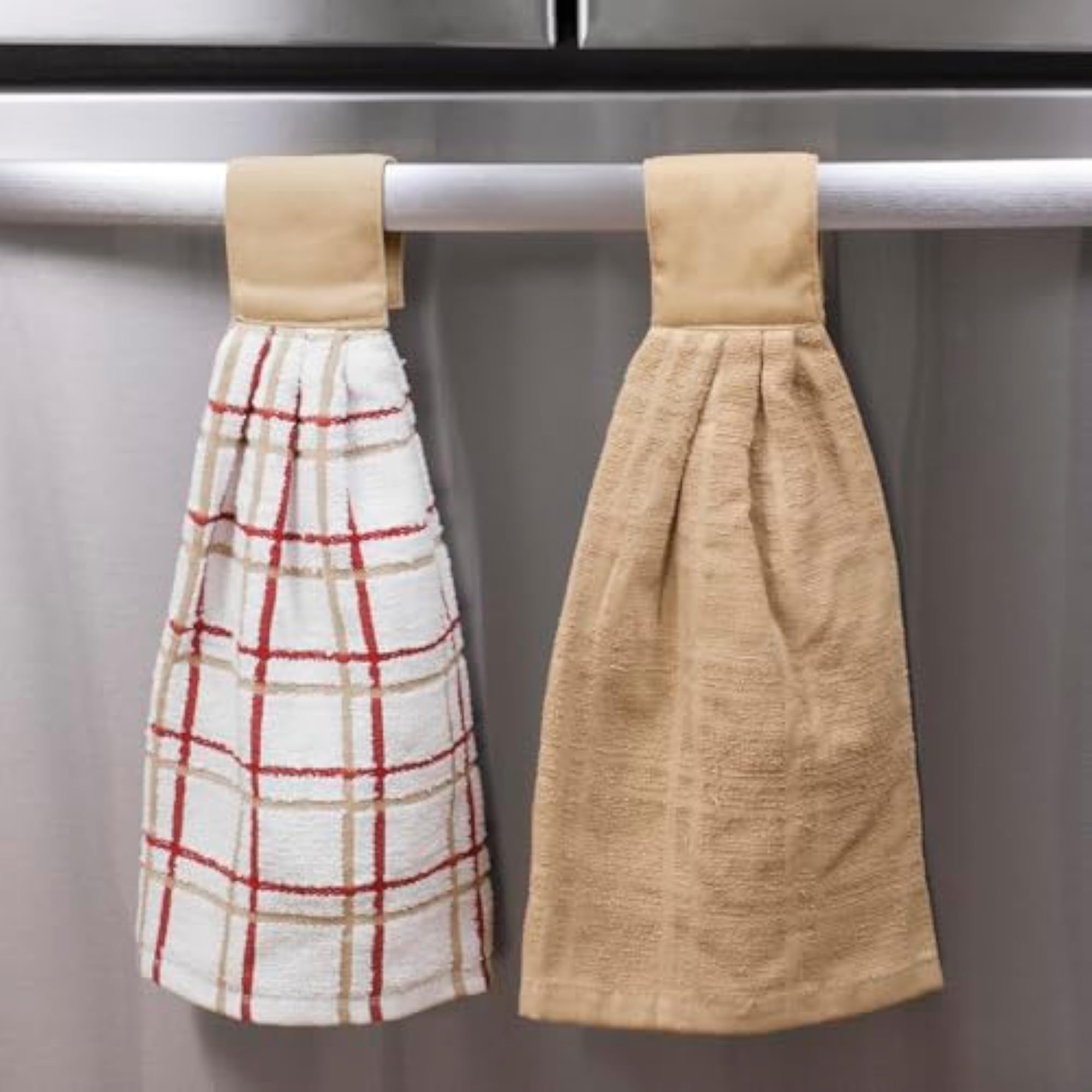Checked & Solid Hanging Tie Towels, 100% Cotton, 2 Pack