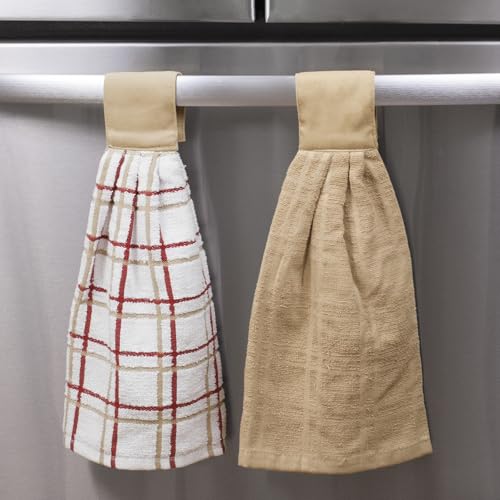Image of Ritz Premium 100% Cotton Solid and Multi Check Kitchen Tie Towel, Absorbent, Super Soft, and Fast Drying Hang Towel, Set of Two, Biscotti