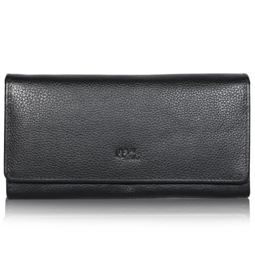Image of Women's Top Grain Leather Wallet, RFID Blocking Bifold clutch, 17 Card Slots, Zip Pocket Organizer, Elegant Gift for Women - Birthday, Valentine, Anniversary - SILKY BLACK