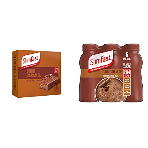 SlimFast Snack Bar, Low Calorie Snack, Choc Caramel Flavour, 30 x 26 g Multipack & Ready to Drink Shake, Tasty, Balanced Shake with Vitamins and Minerals, Chocolate Flavour, 6 x 325 ml Multipack