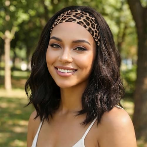 Matthia Headband Wig Curly Brown 14inch Headband Wigs for Black Women Short Bob Wavy Brwon Mixed Medium Length Synthetic Curly Hair Wigs for Daily Party Use(6/8#)
