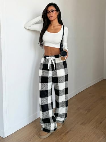 Image of ZAFUL Women's Fuzzy Plush Pajama Pants Wide Leg Pj Bottoms Lounge Pants | Soft Fluffy Sleep Pants Drawstring Elastic Waist Teddy Pjs for Women No Pockets