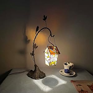 Bieye L10617 Tiffany Style Stained Glass Birdhouse Table Lamp for Home Decor 21 inch High Pink Flower