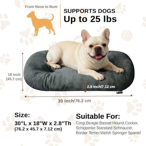 Image of Washable Oval Medium Dog Bed, Silver-Tipped High-Resilience, Dark Gray | Non-Slip Bottom Prevents Sliding, Soft Plush Short Fur, Machine Washable, Ideal for Crates /Apartments /Cozy Nooks,29 inchx18 inchx2.8 inch