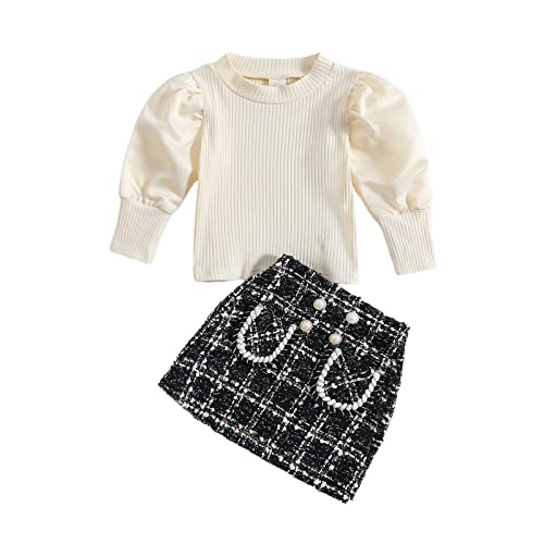 Image of fhutpw Baby Toddler Girl Outfits Fall Winter Clothes Turtleneck Knitted Cotton Long Sleeves Tops & Button Mini Skirts Set