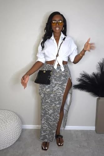 Biupos Women Midi Skirt Camo Skirt Cargo Skirt For Women Sexy High Split Skirt Maxi Skirts Army Fatigue Skirts Denim Skirt #TOP3