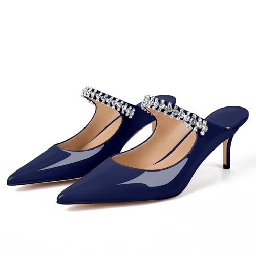 Image of XINIUNIU Heeled Mules for Women Rhinestone Heels Pointed Toe Slip On 2.5 Inch Kitten Stiletto Closed Toe Sandals Dress Wedding Pump Shoes