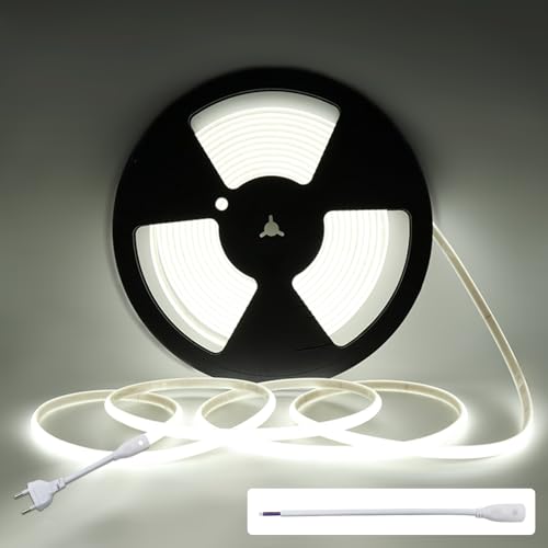 Strip LED COB 220V Blanc Froid 6000K, 10M Ruban LED Puissant avec Prise EU, Éclairage Linéaire Homogène sans Reflet, Étanche IP67, Idéal pour Décoration de Toit, Vitrine et Enseigne, Haute Efficacité