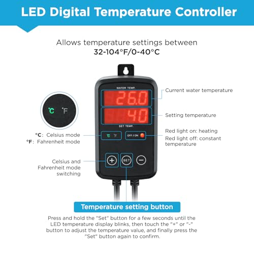 Image of 500W Titanium Aquarium Heater, Submersible Fish Tank Heater with Digital Display Temperature Controller, 0℃-40℃ Adjustable, Fast Heating for 65~95 Gal Saltwater Reef Fish Tank, MX-9016(500W)