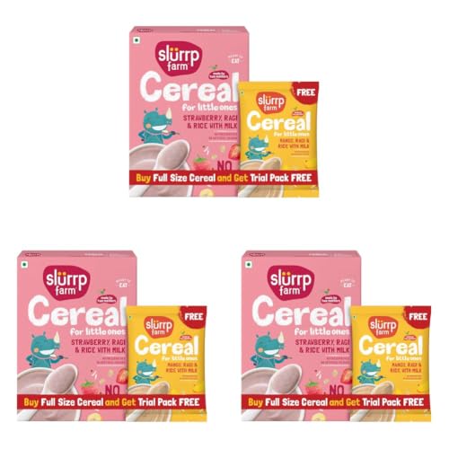 Image of Slurrp Farm No Added Sugar Instant Cereal | Ragi, Rice and Strawberry with Milk | Free Mango Cereal Trial Pack | 200g + Free 50g (Pack of 3)