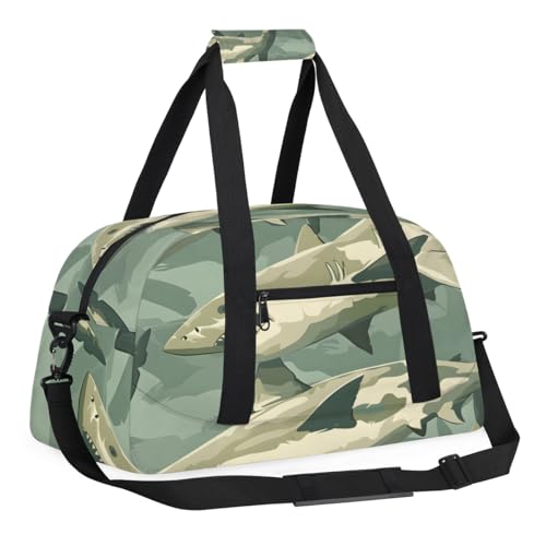 Vintage Camo Shark Gym Travel Duffle Bag for Women & Men with Front Zipper Pocket for Sports, Overnight, Weekender, Carry On,Workout & Dance Bag,18.9 * 8.7 * 10.6 in