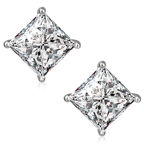 Princess Cut Cubic Zirconia Earrings Stud 925 Sterling Silver Hypoallergenic Square CZ Stud Earrings for Men Women Girls Diamond Jewelry Gifts