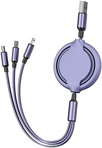 ChuangChi 3-in-1 retractable USB fast charging cable (5 adjustable lengths), USB/type-C port, suitable for tablet computers, iPhone, Android, Samsung, Huawei (only C-type data transmission) (purple)