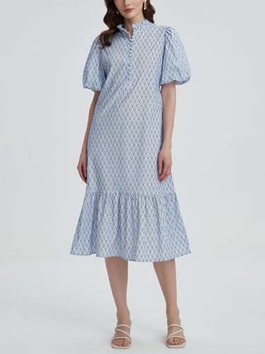 Image of Summer Floral Midi Dress for Women Spring Puff Short Sleeve Button Down Flowy Boho Dresses